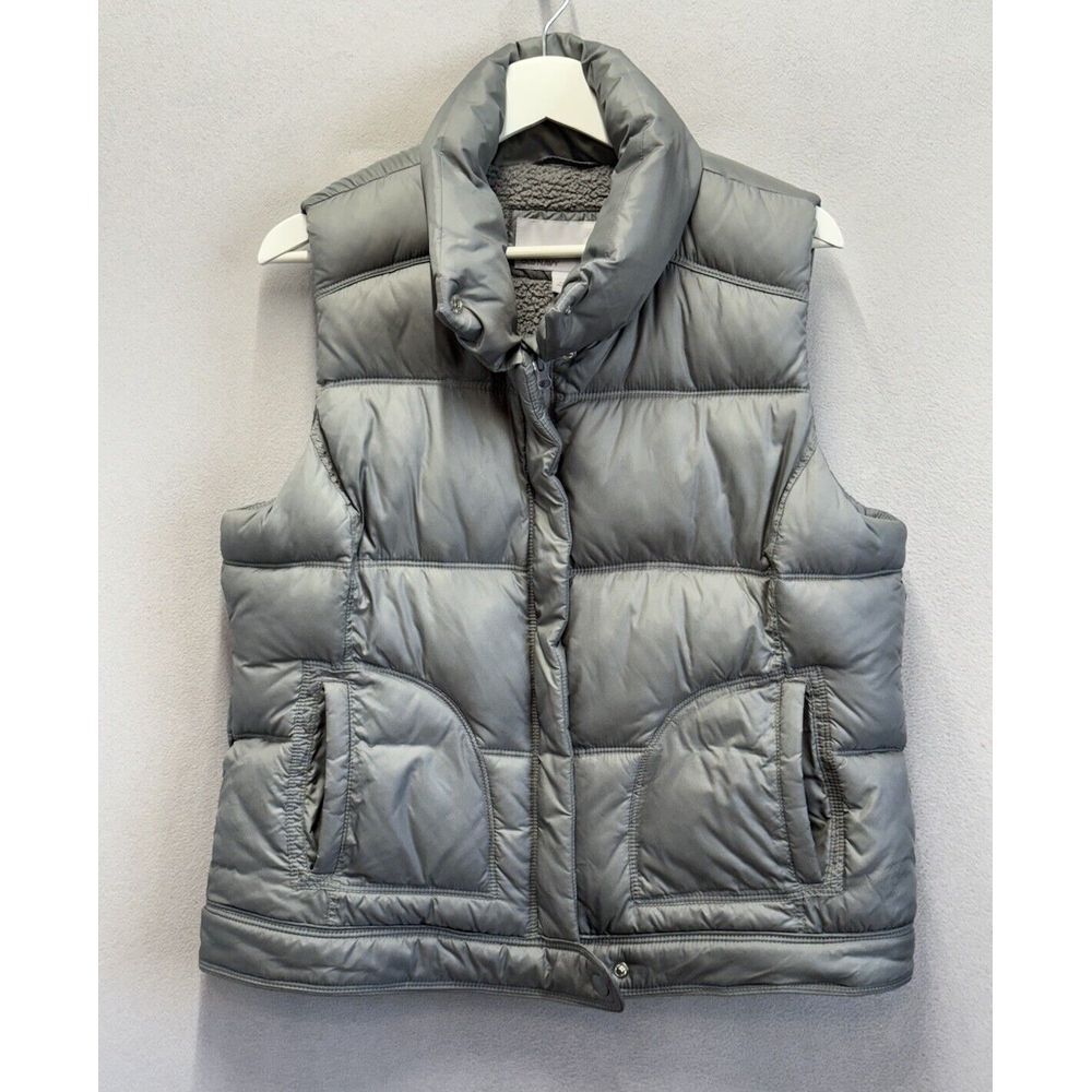 Old Navy Women's‎ Sz Large Gray Fleece Lined Puffer Vest Zip Snap Button Jacket